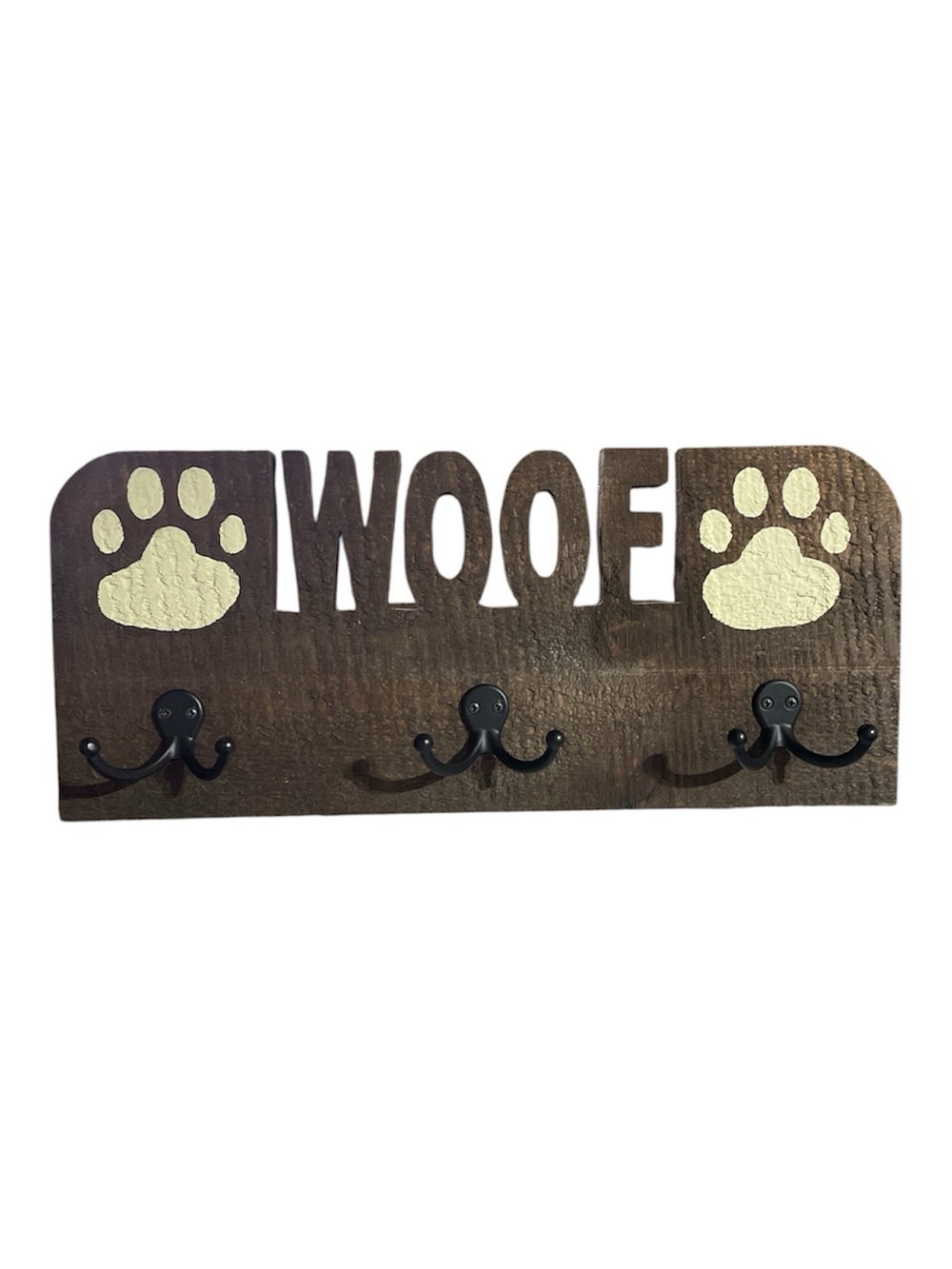 Wooden 'WOOF' Pet Leash and Key Rack - Brown with Cream Paw Prints